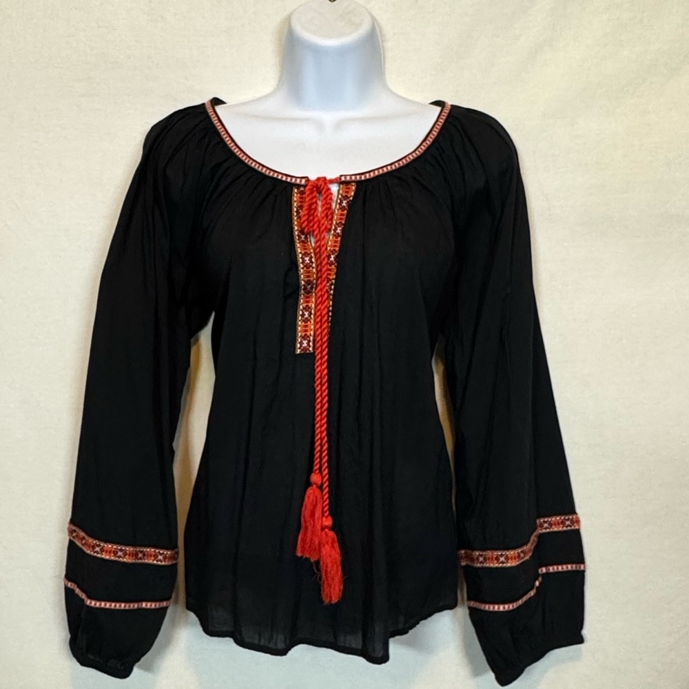 A-64 H&M Black & Orange Embroidered Long Sleeve Pullover Blouse Size 6